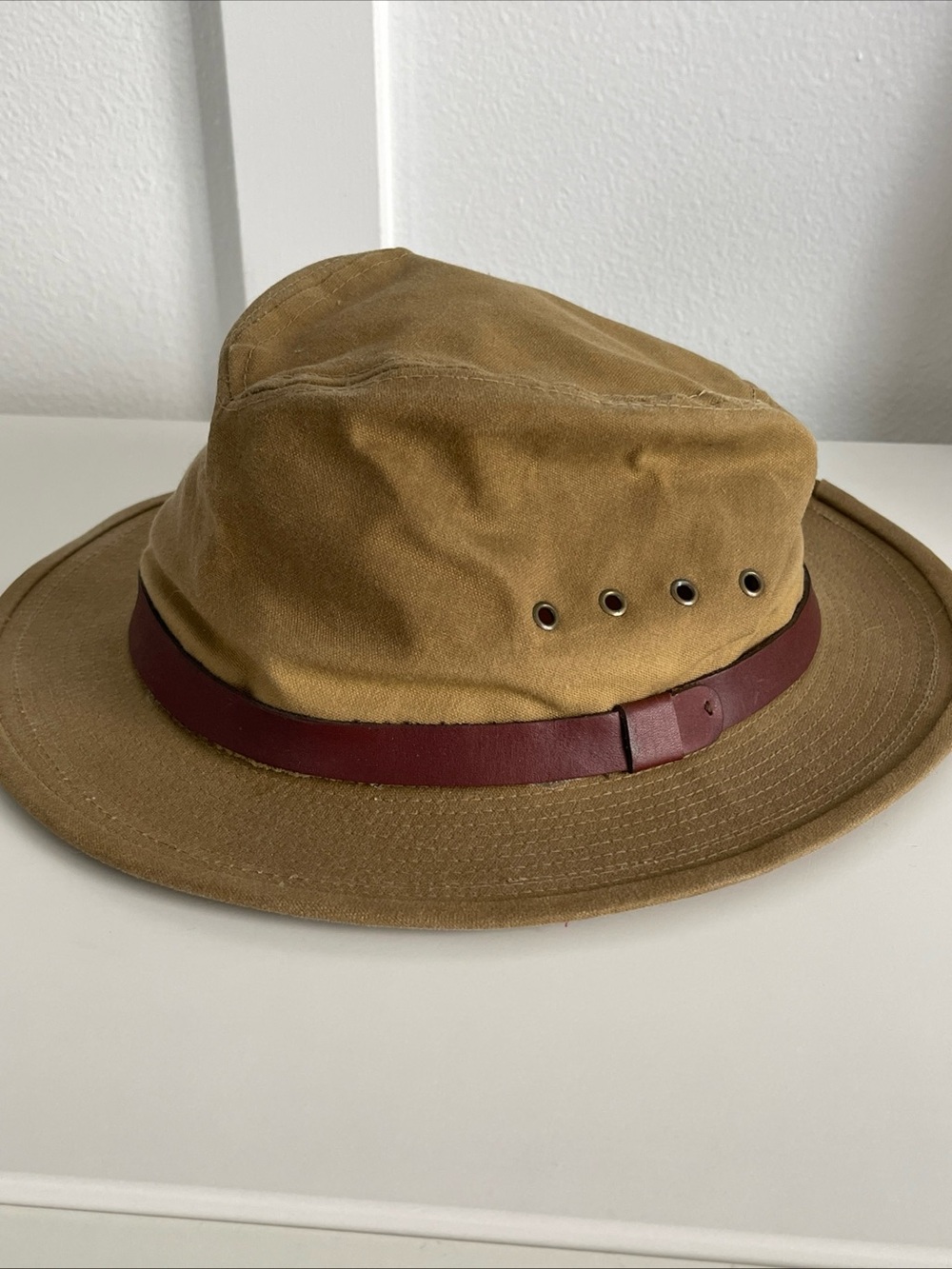VTG Filson Tin Cloth Packer Hat XL Tan Waxed Cotton Leather Trim Made in USA XXL
